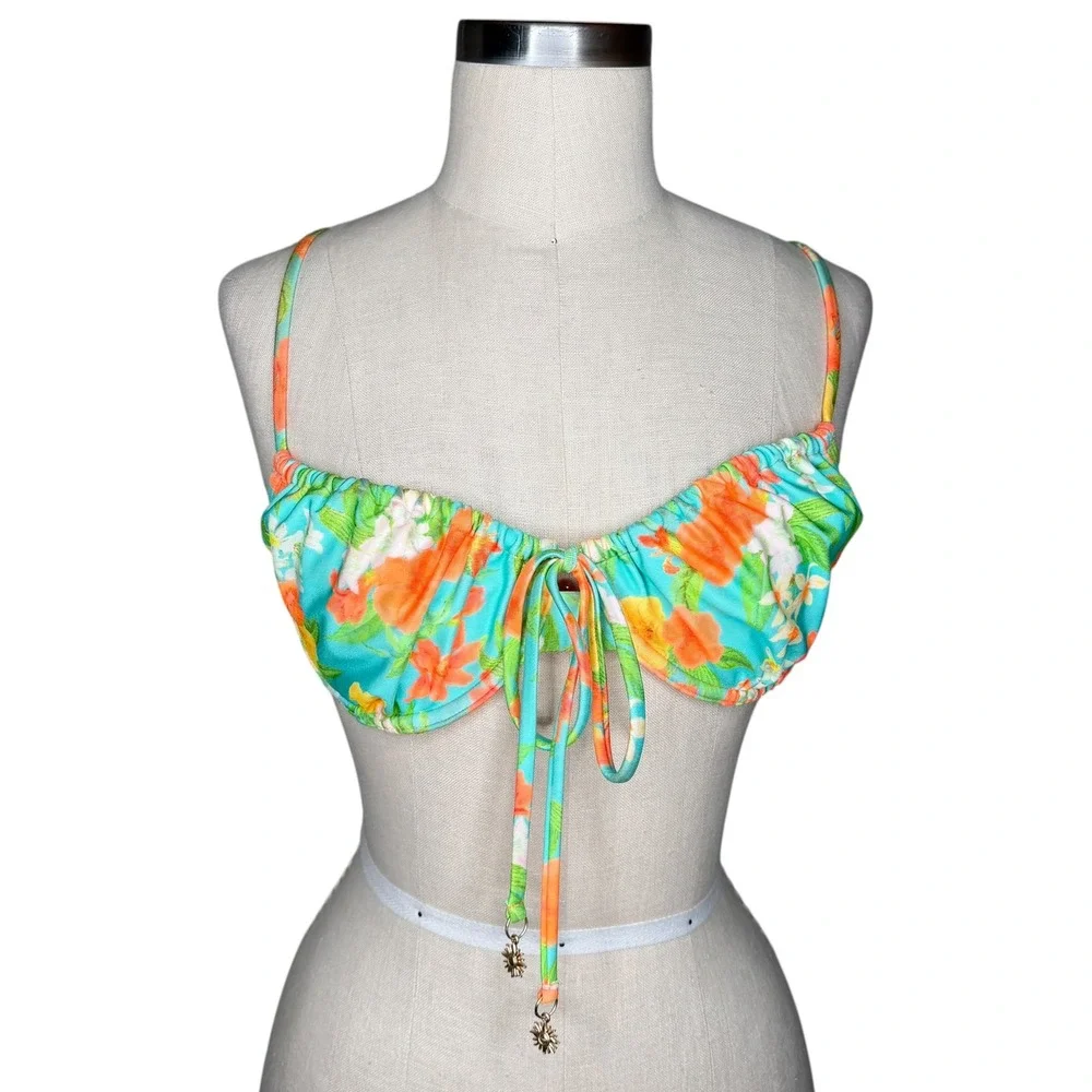 KULANI KINIS Bikini Top Teal Floral Ruched Sun Charm‎ Women's Size Large